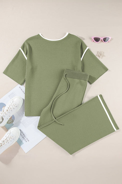 Contrast Trim Textured Knit Half Sleeve Drop Shoulder Drawstring Waist Wide Leg Two Piece Pant Set